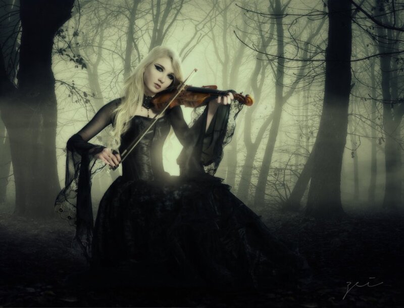 Woman Playing Violin — Black, Dramatic, Night, Digital Art, Forest