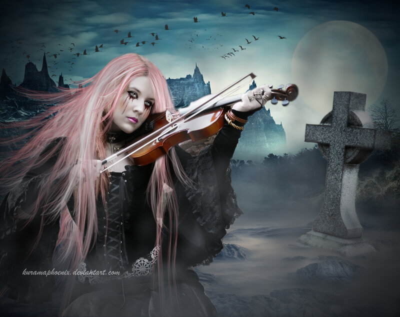 Woman Playing Violin — Black, Dramatic, Night, Digital Art, Gravestone