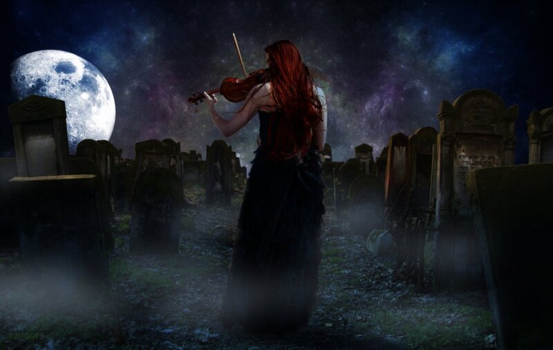 Woman Playing Violin — Black, Dramatic, Night, Digital Art, Gravestones