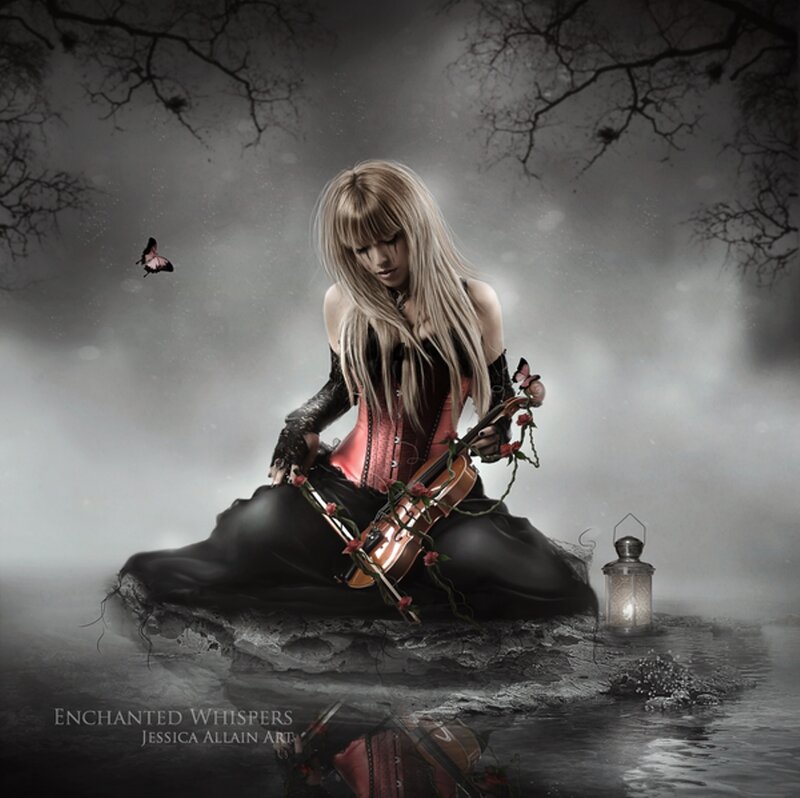 Woman Playing Violin — Black, Dramatic, Night, Digital Art, Lantern