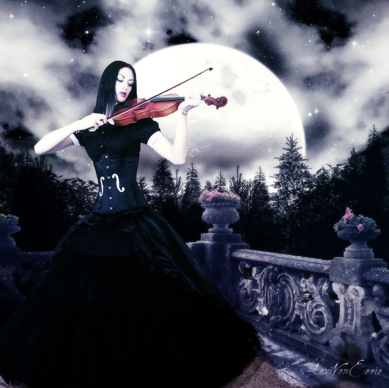 Woman Playing Violin — Black, Dramatic, Night, Digital Art, Moon, Balcony