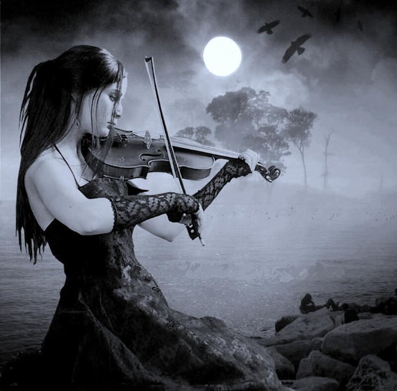 Woman Playing Violin — Black, Dramatic, Night, Digital Art, Moon, Crows