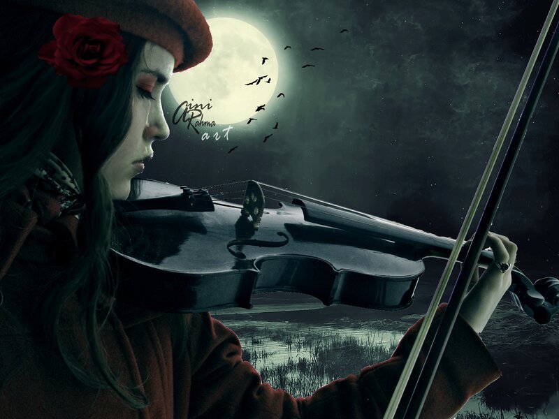 Woman Playing Violin — Black, Dramatic, Night, Digital Art, Moon