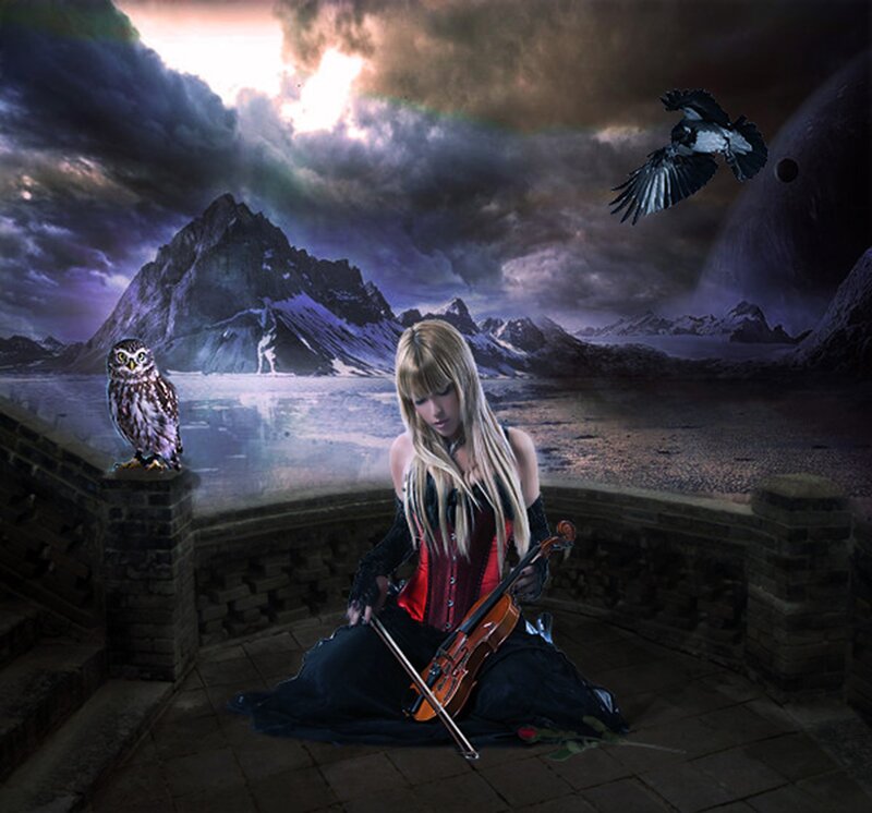 Woman Playing Violin — Black, Dramatic, Night, Digital Art, Owl