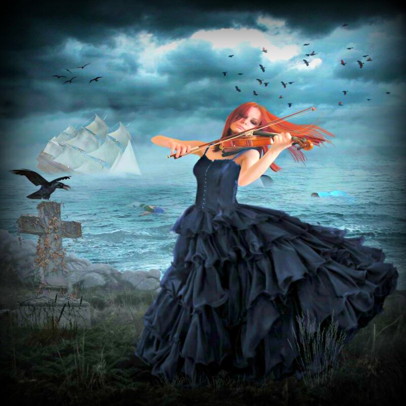 Woman Playing Violin — Black, Dramatic, Night, Digital Art, Ship