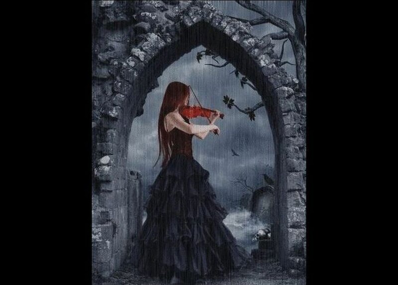 Woman Playing Violin — Black, Dramatic, Night, Digital Art, Stone Arch