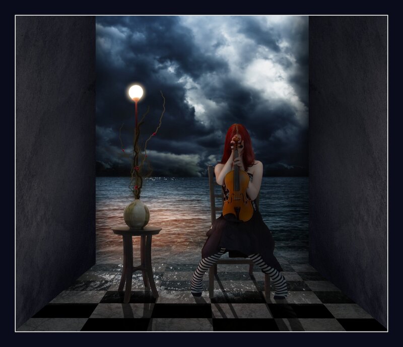 Woman Playing Violin — Black, Dramatic, Night, Digital Art, Table