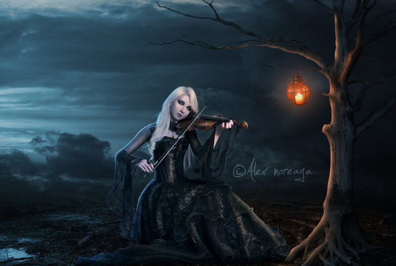 Woman Playing Violin — Black, Dramatic, Night, Digital Art, Tree