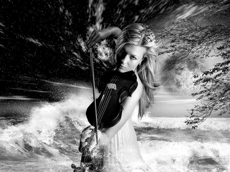 Woman Playing Violin — Black, Dramatic, Night, Digital Art, Waves