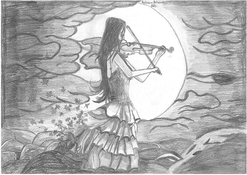 Woman Playing Violin — Black, Dramatic, Night, Illustration