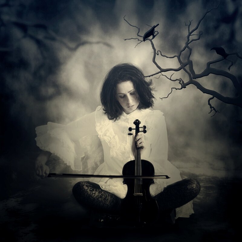 Woman Playing Violin — Black, Dramatic, Night, Photograph, Crow