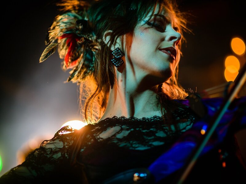 Woman Playing Violin — Black, Dramatic, Night, Photograph, Feather Hair Accessory
