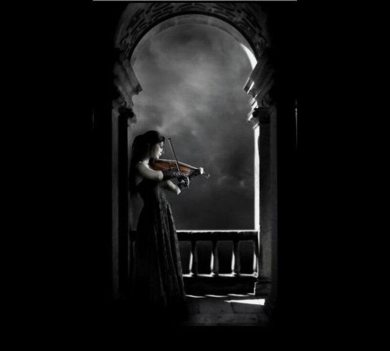 Woman Playing Violin — Black, Dramatic, Night, Photograph