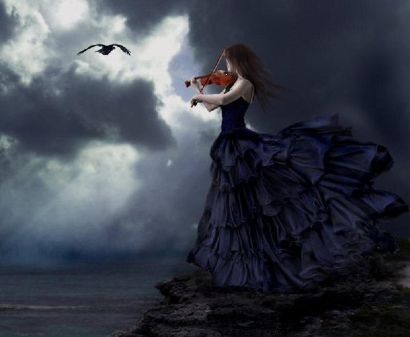 Woman Playing Violin — Black, Dramatic, Night