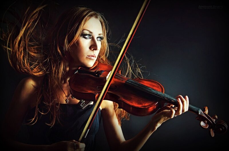 Woman Playing Violin — Black, Dramatic, Photograph, Bow