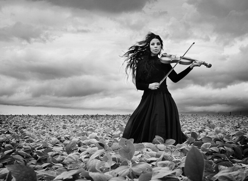 Woman Playing Violin — Black, Dramatic, Photograph, Field