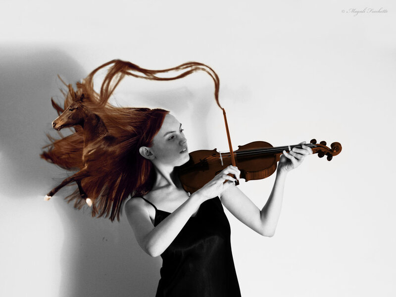 Woman Playing Violin — Black, Dramatic, Photograph, Horse