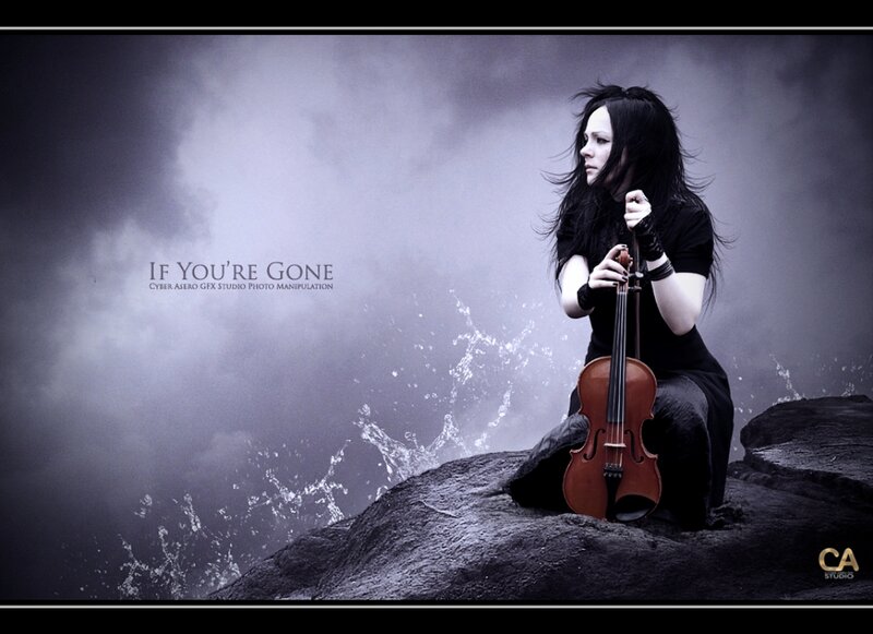 Woman Playing Violin — Black, Dramatic, Photograph, Rocks