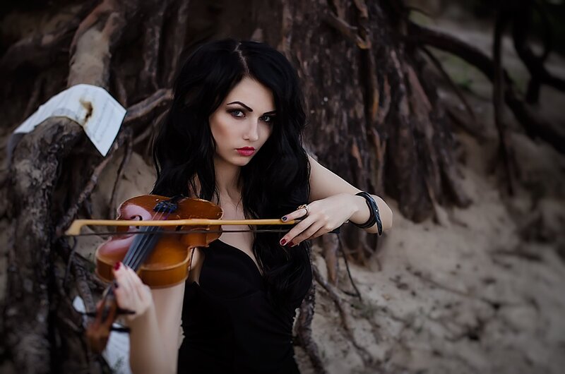 Woman Playing Violin — Black, Dramatic, Photograph, Tree Roots