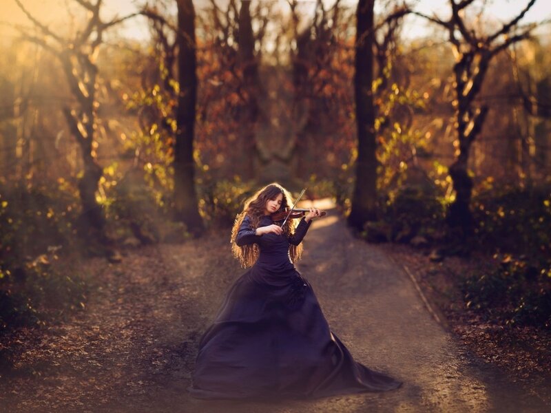 Woman Playing Violin — Black, Dramatic, Sunset