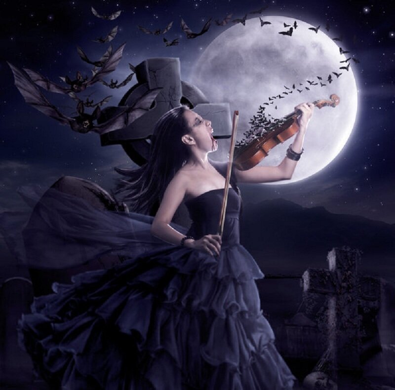 Woman Playing Violin — Black, Dramatic