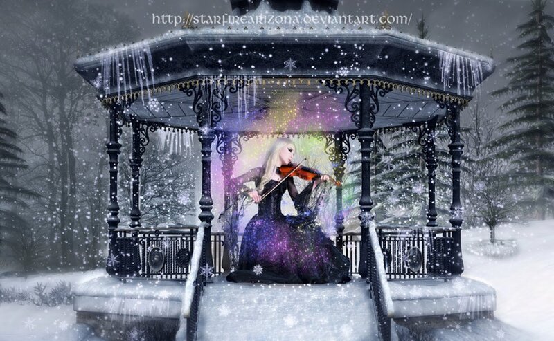 Woman Playing Violin — Black, Dramatic, Winter, Digital Art, Gazebo