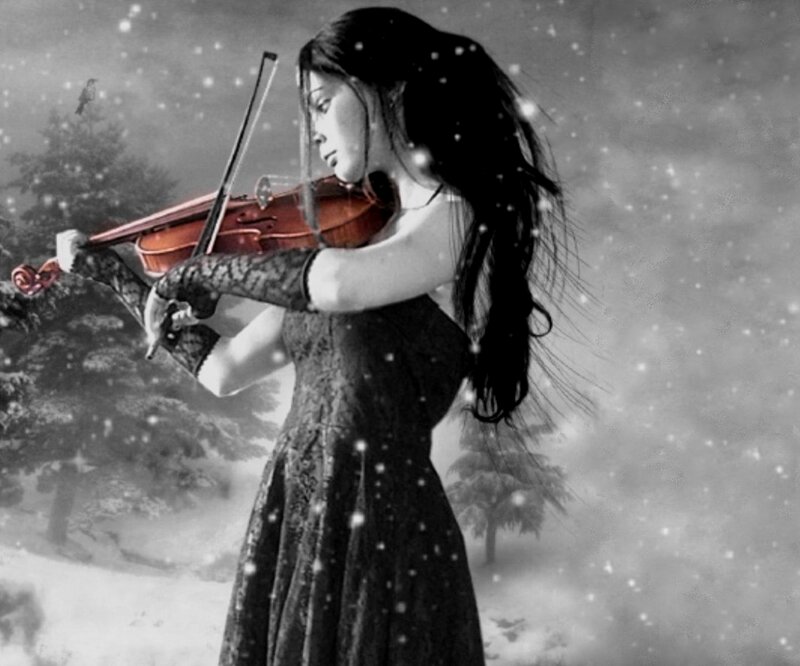 Woman Playing Violin — Black, Dramatic, Winter, Digital Art, Snow