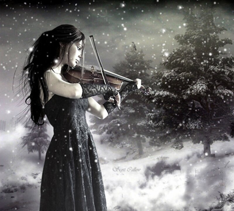 Woman Playing Violin — Black, Dramatic, Winter