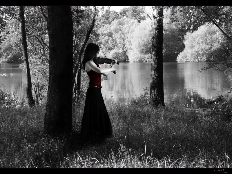 Woman Playing Violin — Black, Serene, Photograph, Lake