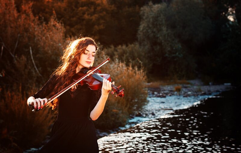 Woman Playing Violin — Black, Serene, Sunset
