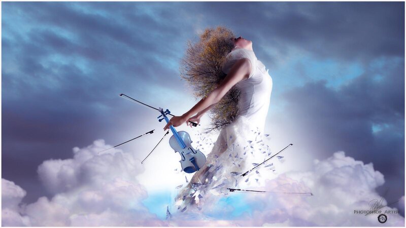 Woman Playing Violin — Blue, Dramatic, Digital Art, Clouds