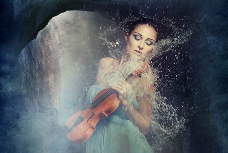 Woman Playing Violin — Blue, Dramatic, Digital Art