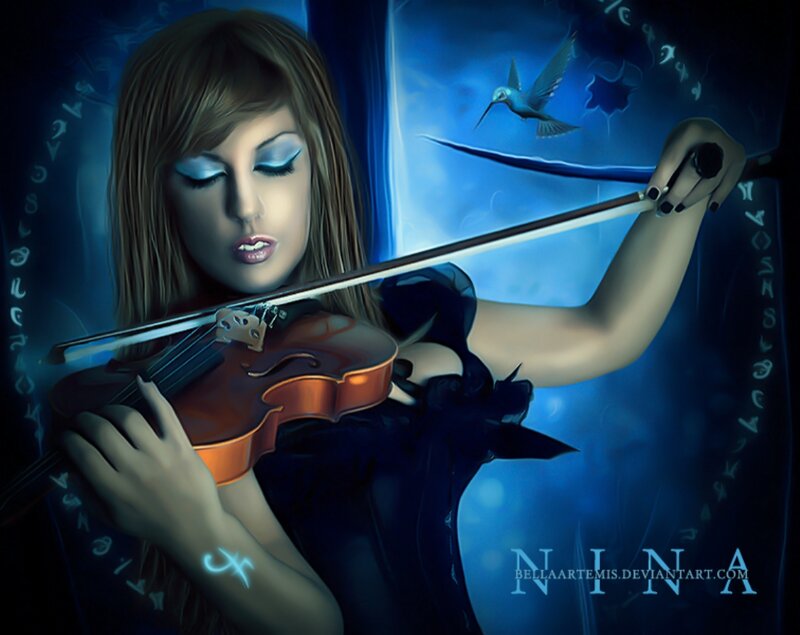 Woman Playing Violin — Blue, Dramatic, Night, Digital Art, Bird