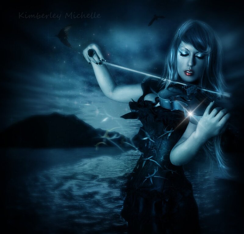 Woman Playing Violin — Blue, Dramatic, Night, Digital Art, Birds