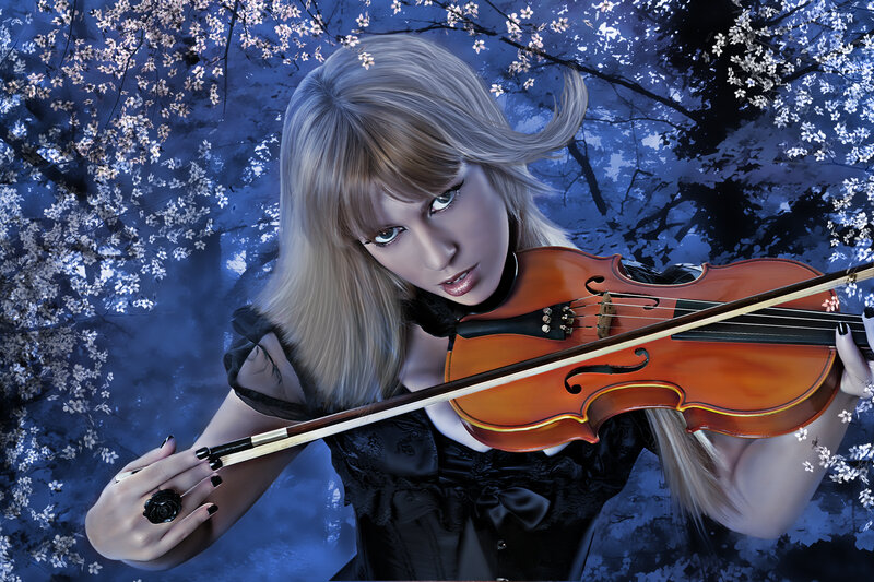 Woman Playing Violin — Blue, Dramatic, Night, Digital Art, Bow, Cherry Blossoms
