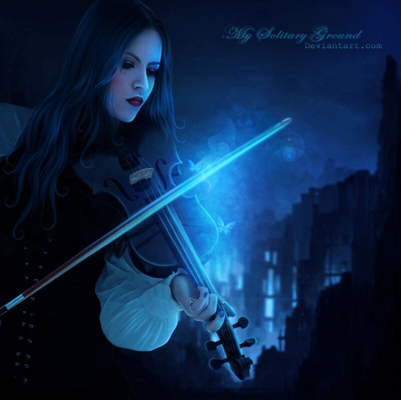 Woman Playing Violin — Blue, Dramatic, Night, Digital Art, Bow