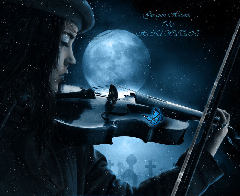 Woman Playing Violin — Blue, Dramatic, Night, Digital Art, Butterfly