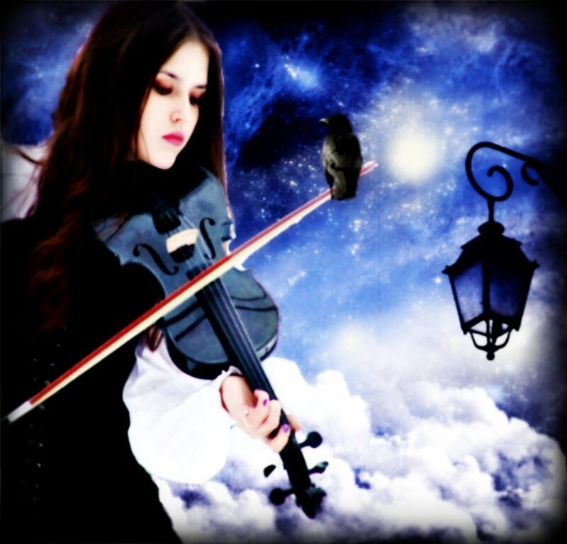 Woman Playing Violin — Blue, Dramatic, Night, Digital Art, Crow