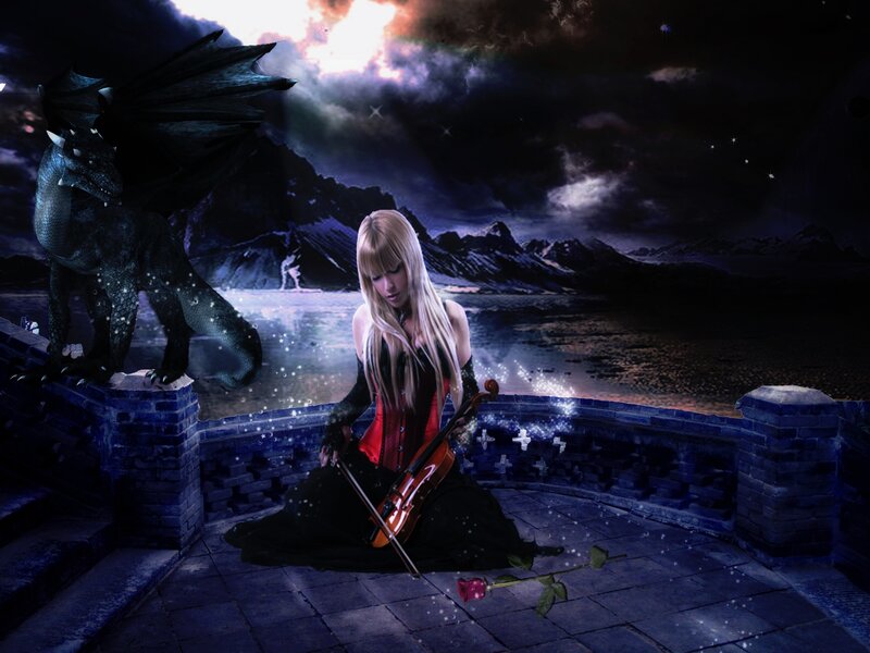 Woman Playing Violin — Blue, Dramatic, Night, Digital Art, Dragon