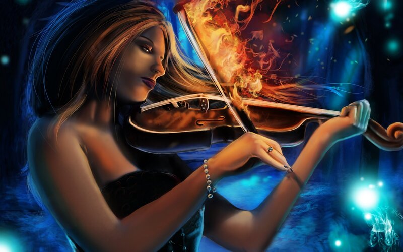 Woman Playing Violin — Blue, Dramatic, Night, Digital Art, Fire, Flame