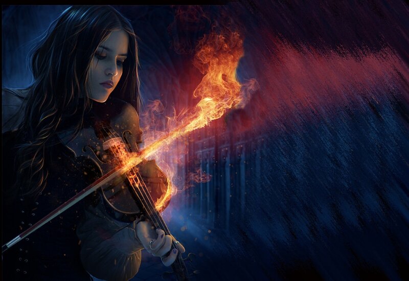 Woman Playing Violin — Blue, Dramatic, Night, Digital Art, Fire