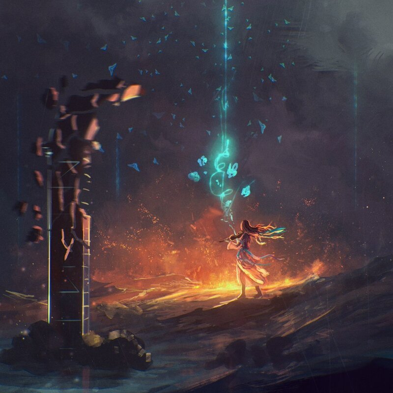 Woman Playing Violin — Blue, Dramatic, Night, Digital Art, Lightning