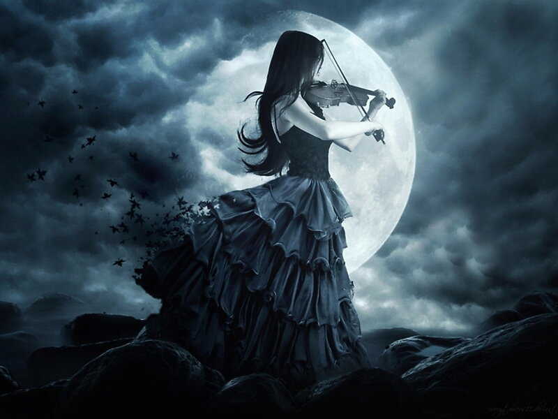 Woman Playing Violin — Blue, Dramatic, Night, Digital Art, Moon, Clouds