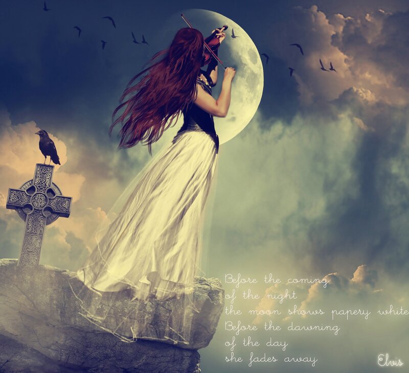 Woman Playing Violin — Blue, Dramatic, Night, Digital Art, Moon, Crow