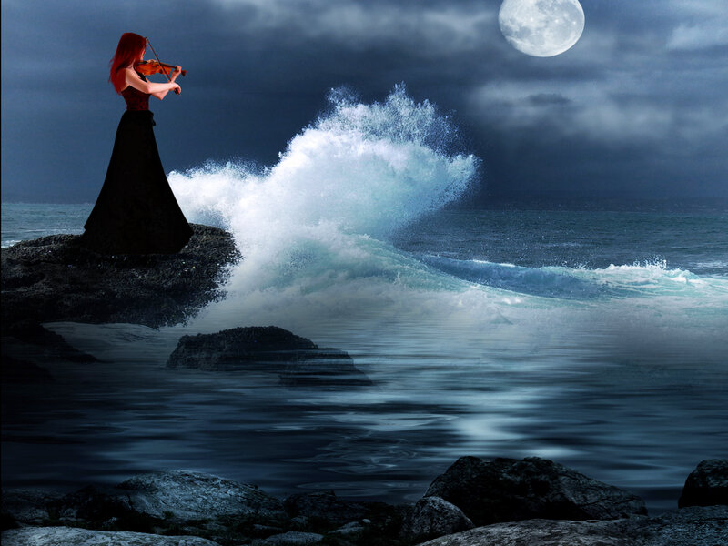 Woman Playing Violin — Blue, Dramatic, Night, Digital Art, Moon, Ocean