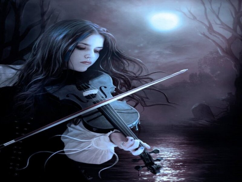 Woman Playing Violin — Blue, Dramatic, Night, Digital Art, Moon, River