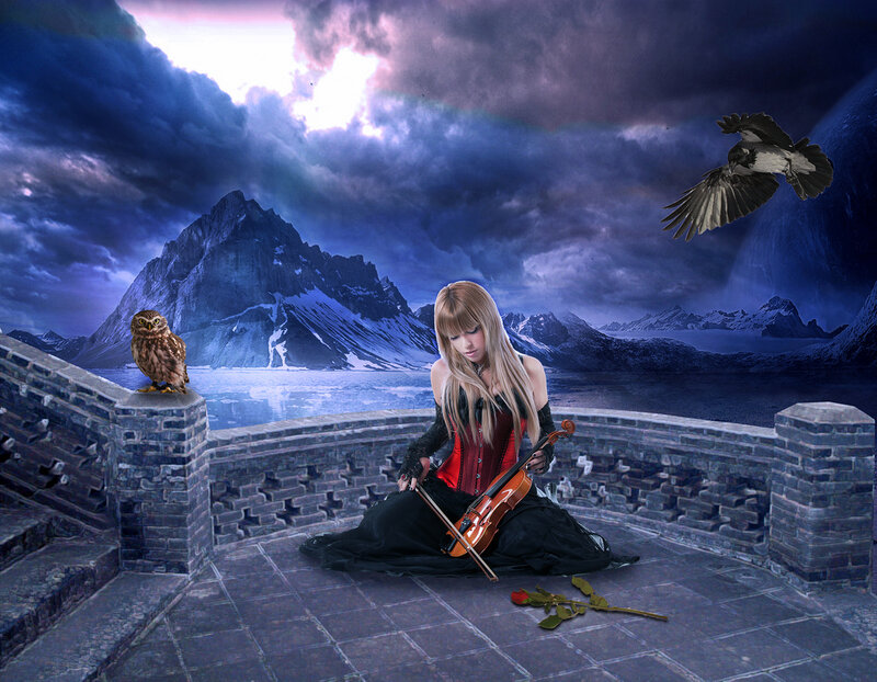 Woman Playing Violin — Blue, Dramatic, Night, Digital Art, Owl