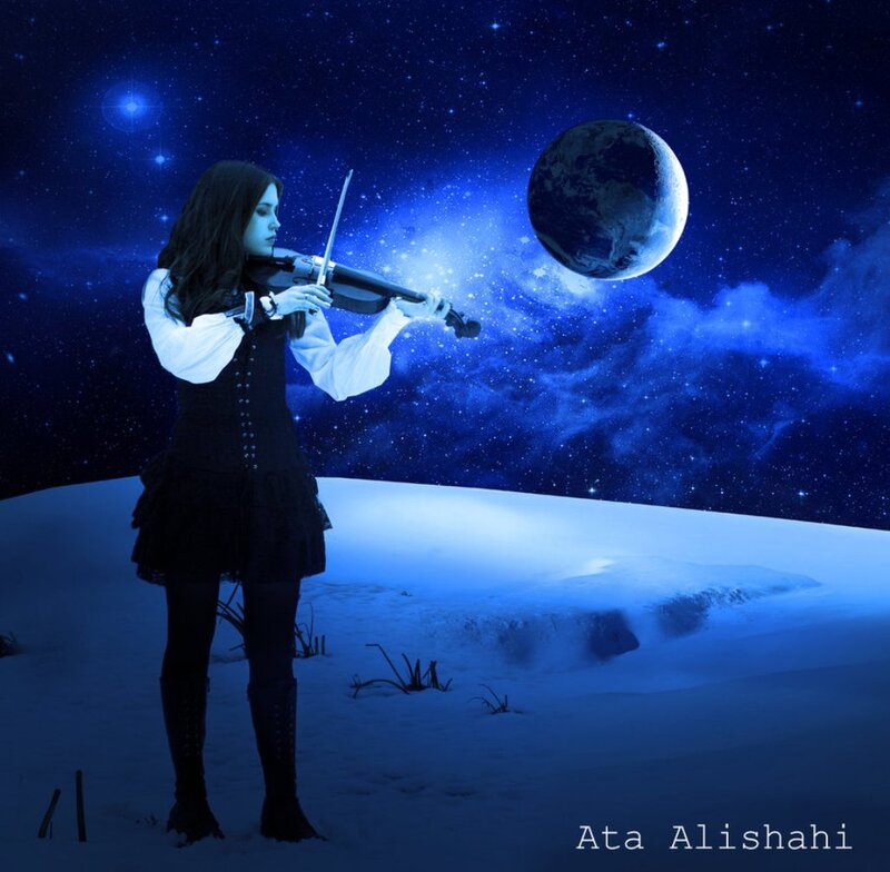 Woman Playing Violin — Blue, Dramatic, Night, Digital Art, Planet