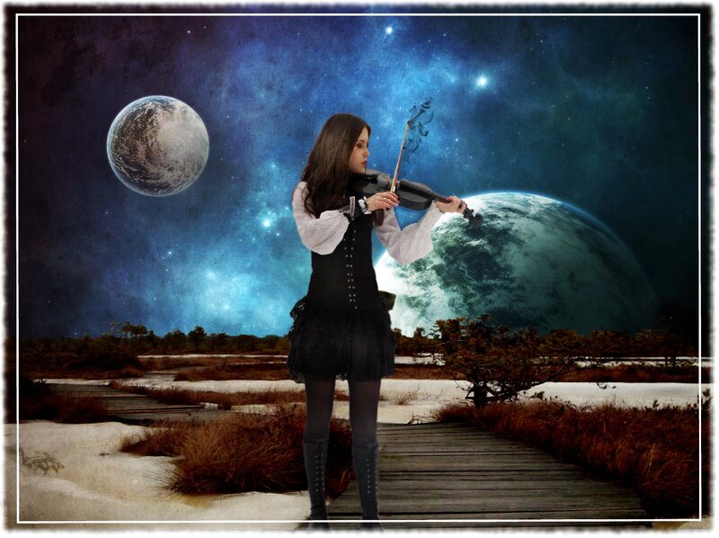 Woman Playing Violin — Blue, Dramatic, Night, Digital Art, Planets