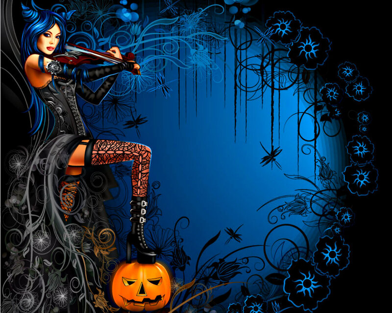 Woman Playing Violin — Blue, Dramatic, Night, Digital Art, Pumpkin